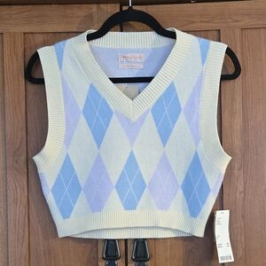 Urban Outfitters Blue and Purple Argyle Cropped V-Neck Sweater Vest